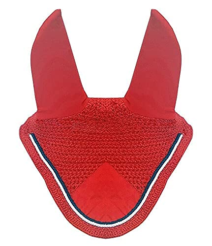 Horse Fly Bonnet Double Piping Ear Net Fly Veil Mask Breathable Cotton Crochet Horse Tack (Pony, RED)